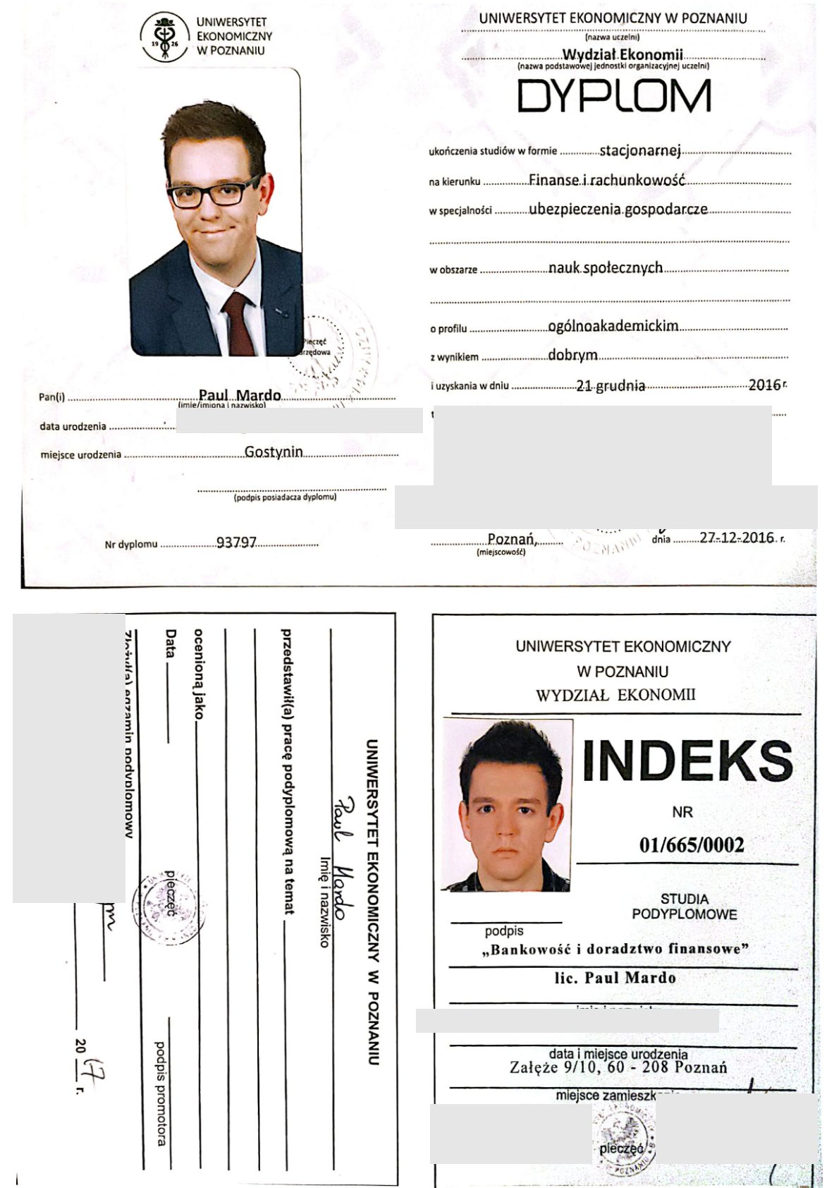 Dyplom magistra finansów i rachunkowości oraz indeks studiów podyplomowych Uniwersytetu Ekonomicznego w Poznaniu. Data urodzenia i nazwiska osób z uczelni są zasłonięte.
